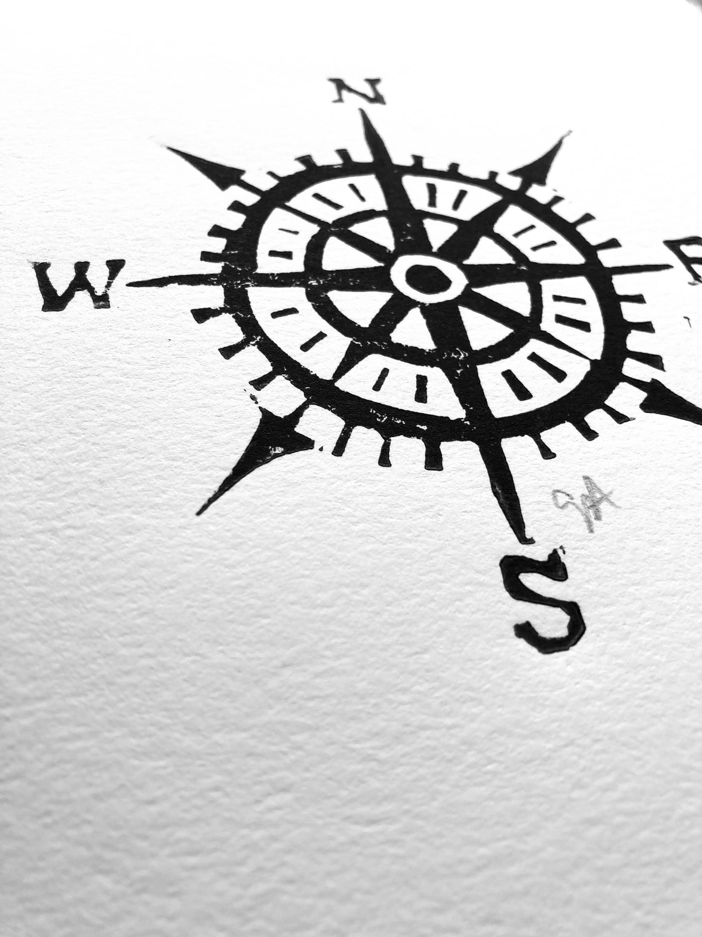 LINOCUT - Compass - Hand-pressed linoleum block print (8x10in)