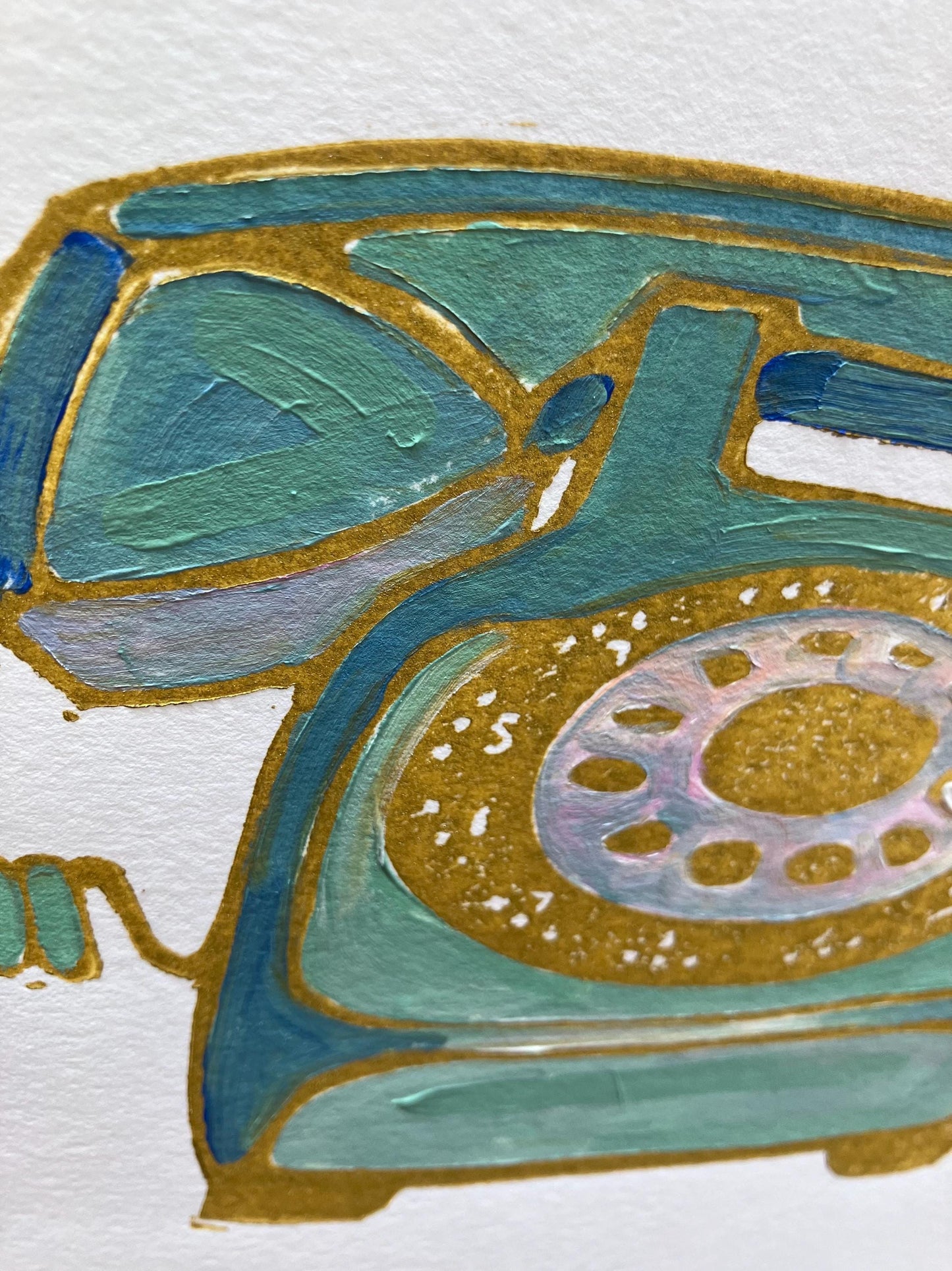 Vintage rotary telephone - Original acrylic linocut painting - (8x10in)