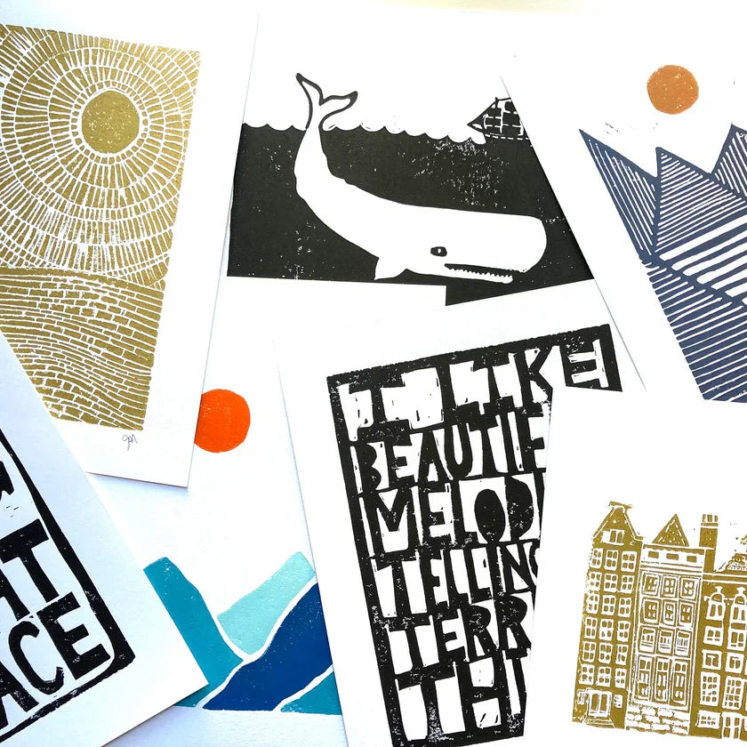 Original hand-pulled linoleum block prints, hand-pressed linocut relief posters, inspirational typography, landscape and travel art.