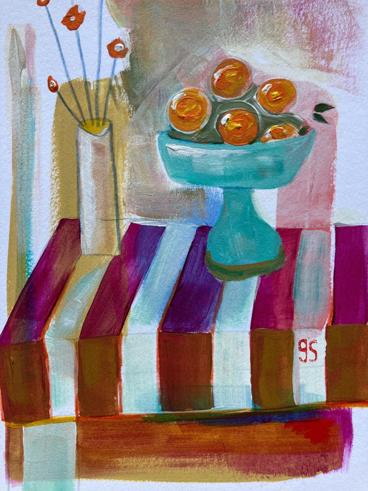 Still life - Bowl of oranges and flowers (8x10in)