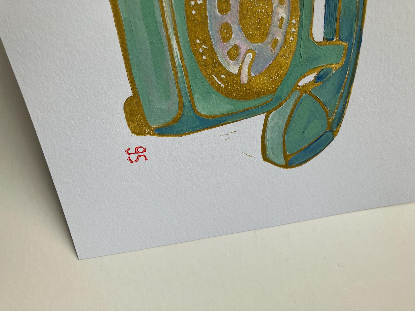 Vintage rotary telephone - Original acrylic linocut painting - (8x10in)
