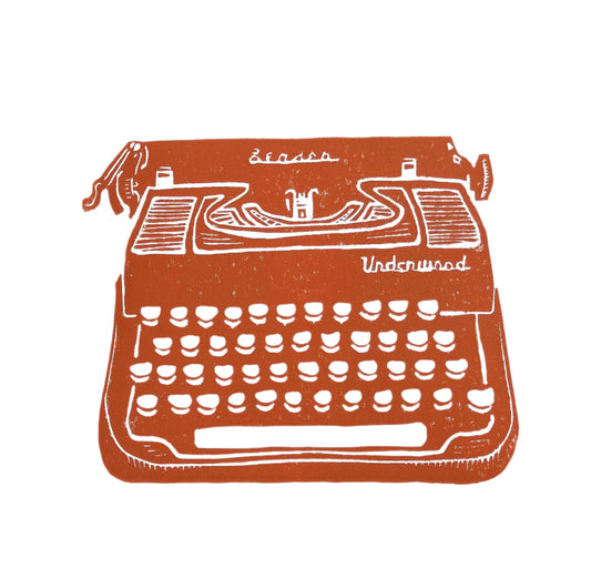 Simple vintage linocut print of a vintage typewriter in orange. 8x10 linoleum block print.  