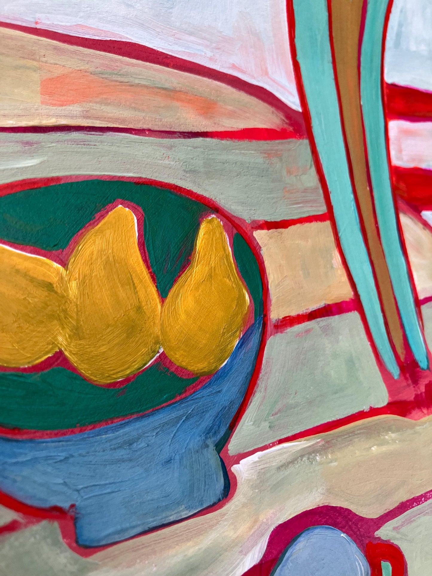 Flowers and bowl of pears still life - Original acrylic abstract painting (8x10in)