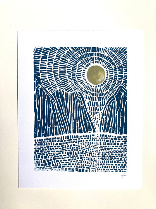 Sunset on the mountains  - Linocut print (8x10in)