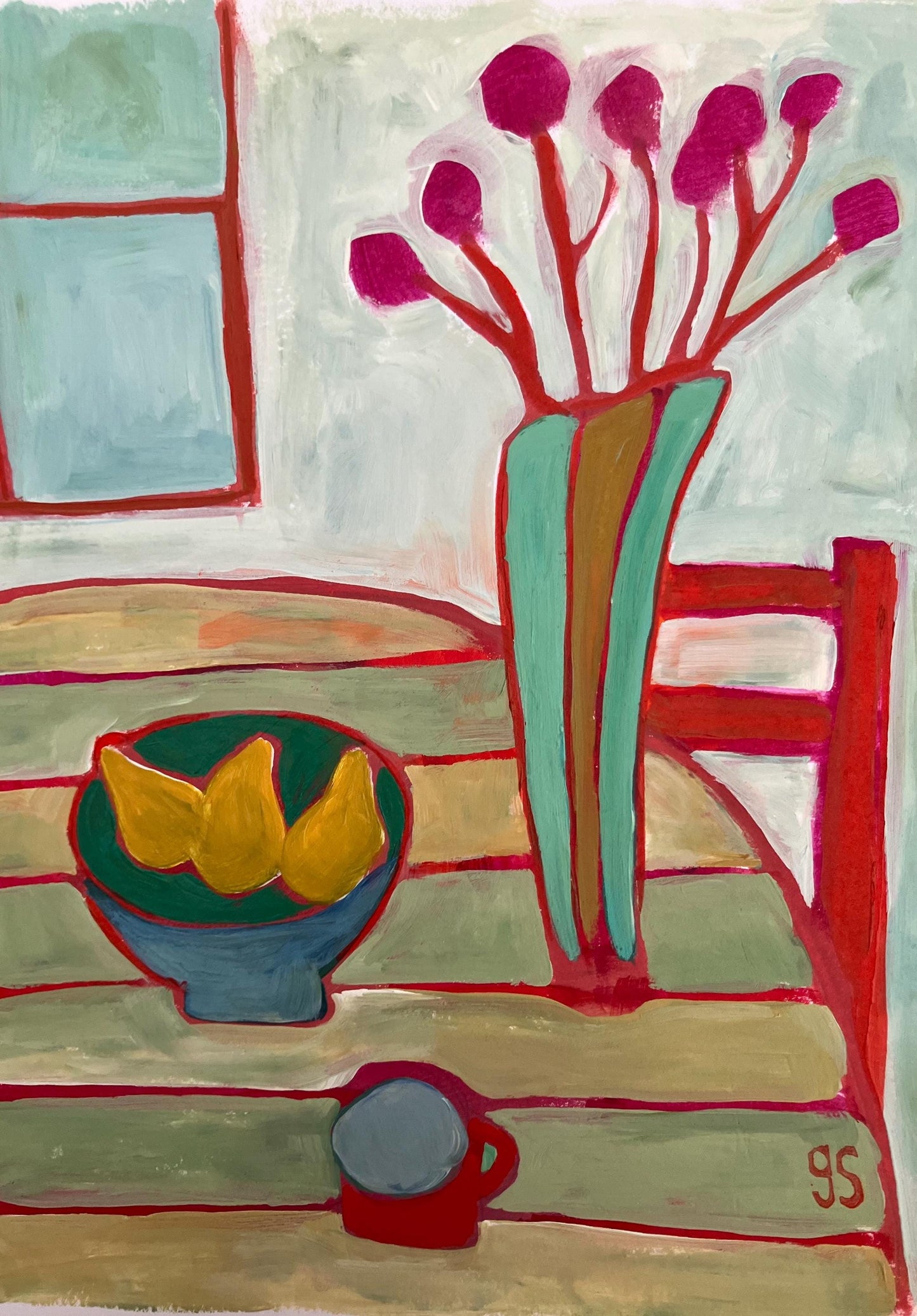 Flowers and bowl of pears still life - Original acrylic abstract painting (8x10in)