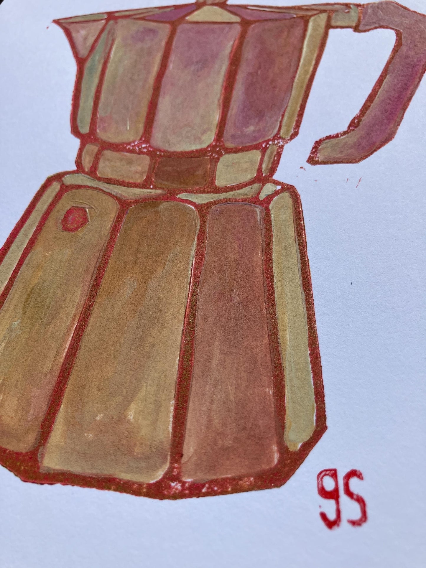 Bialetti #1 - Original acrylic linocut painting in neutral salmon (8x10in)