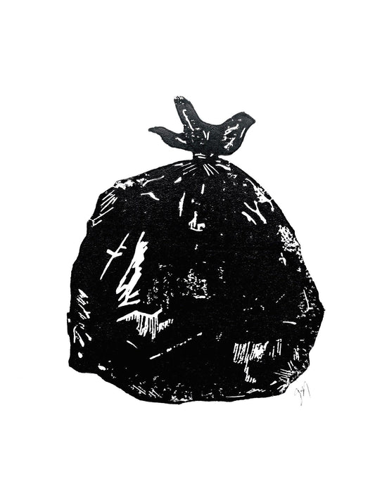 LINOCUT - Bag of trash - Hand-pressed linoleum block print (8x10in)