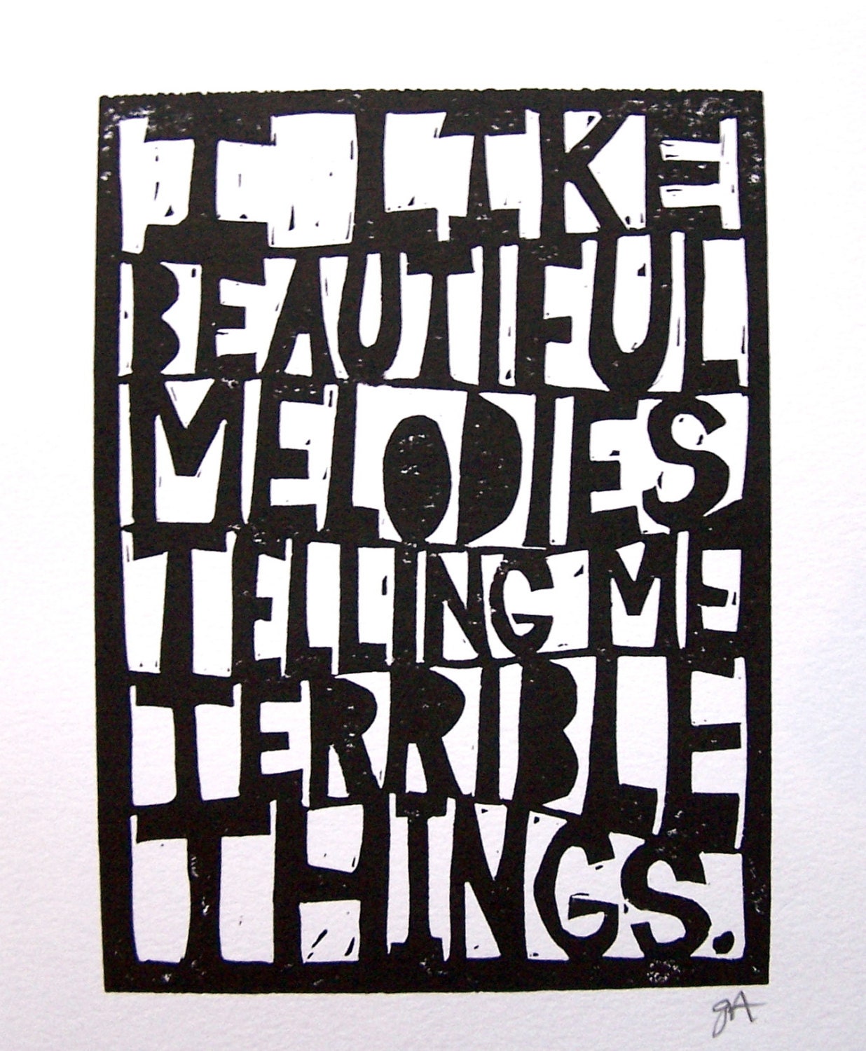 LINOCUT - I like beautiful melodies - Hand-pressed linoleum block print (8x10in)