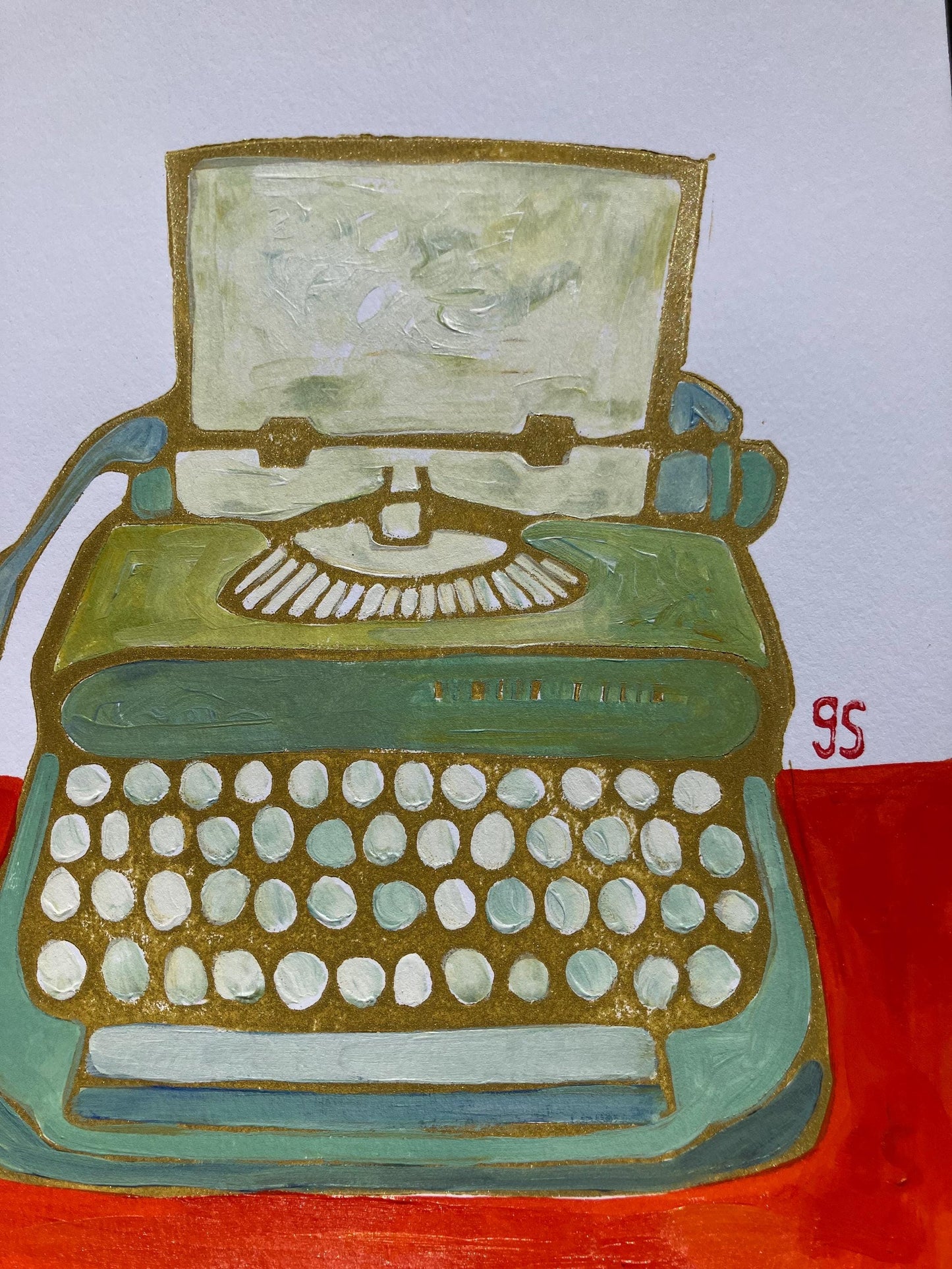 Typewriter #2 - Original acrylic linocut painting - Vintage olive green typewriter (8x10in)