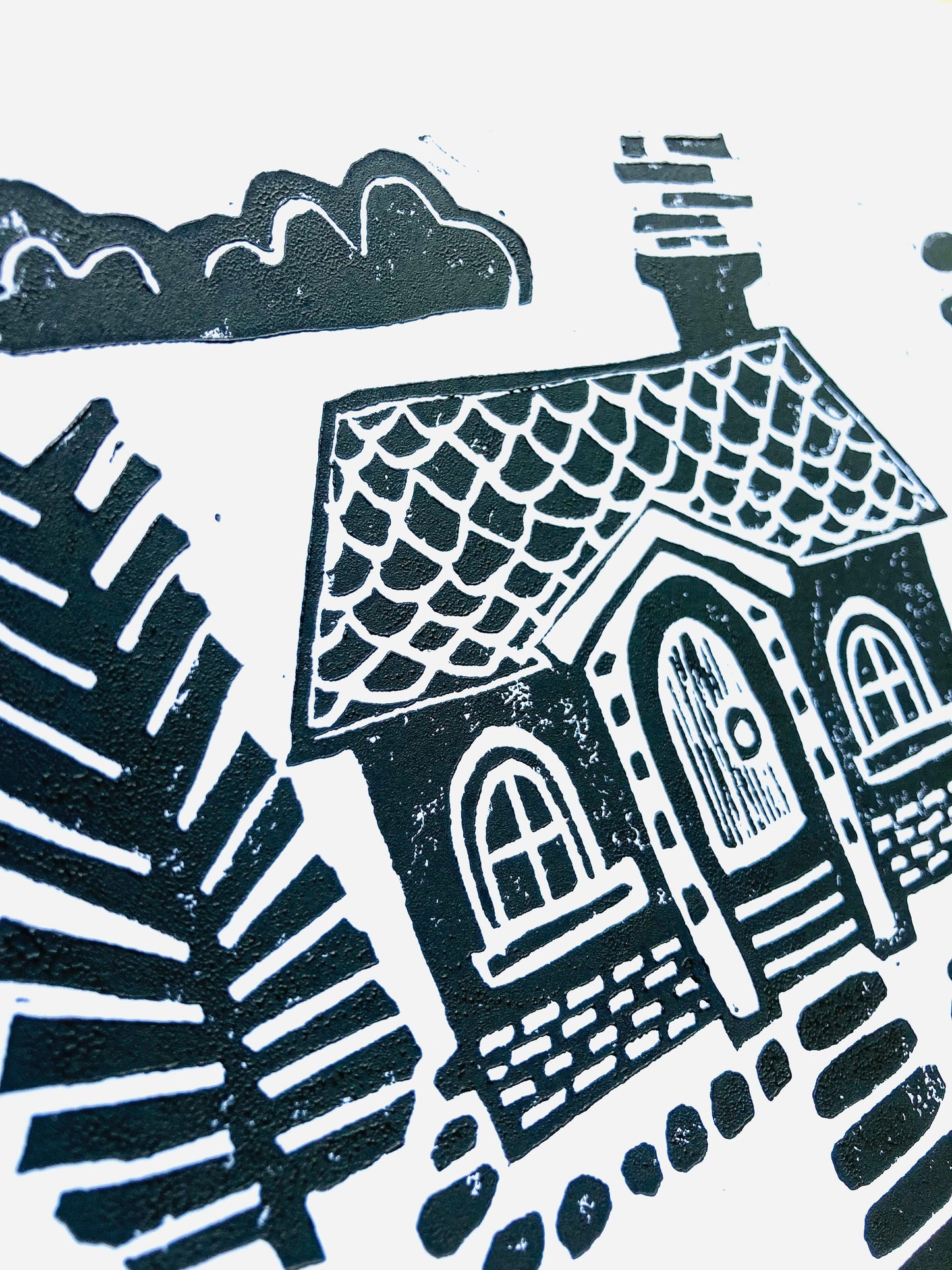 LINOCUT- Scandinavian house - Hand-pressed linoleum block print (8x10in)