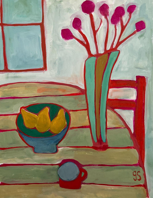Flowers and bowl of pears still life - Original acrylic abstract painting (8x10in)