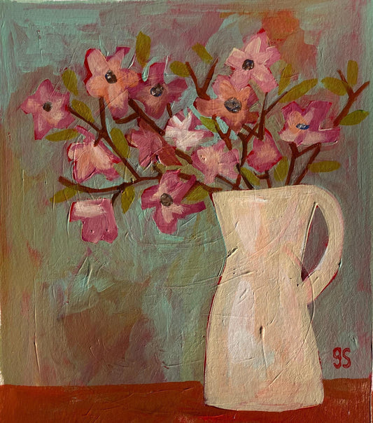 Original acrylic painting - Jar of pink flowers (8x10in)