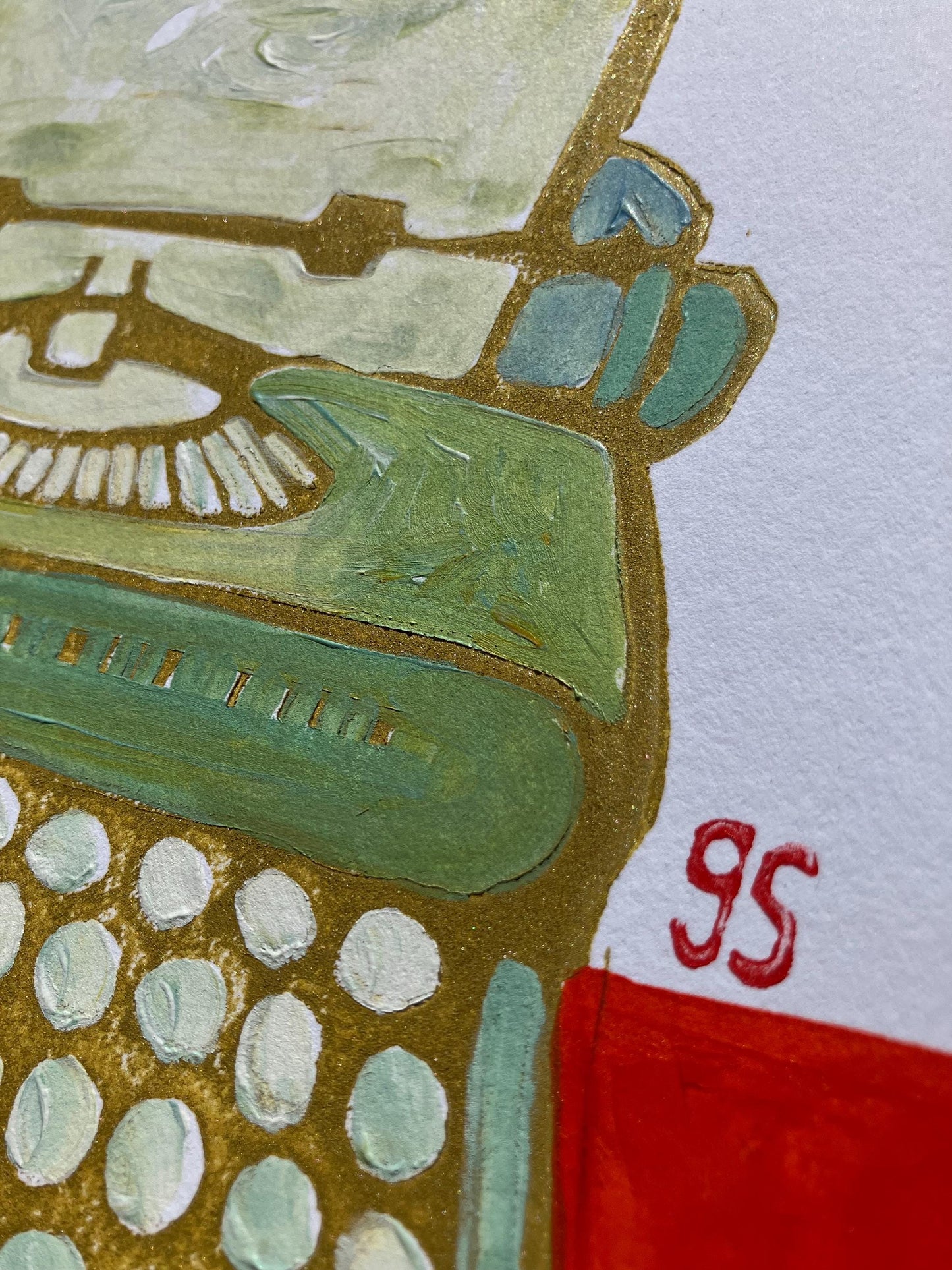 Typewriter #2 - Original acrylic linocut painting - Vintage olive green typewriter (8x10in)