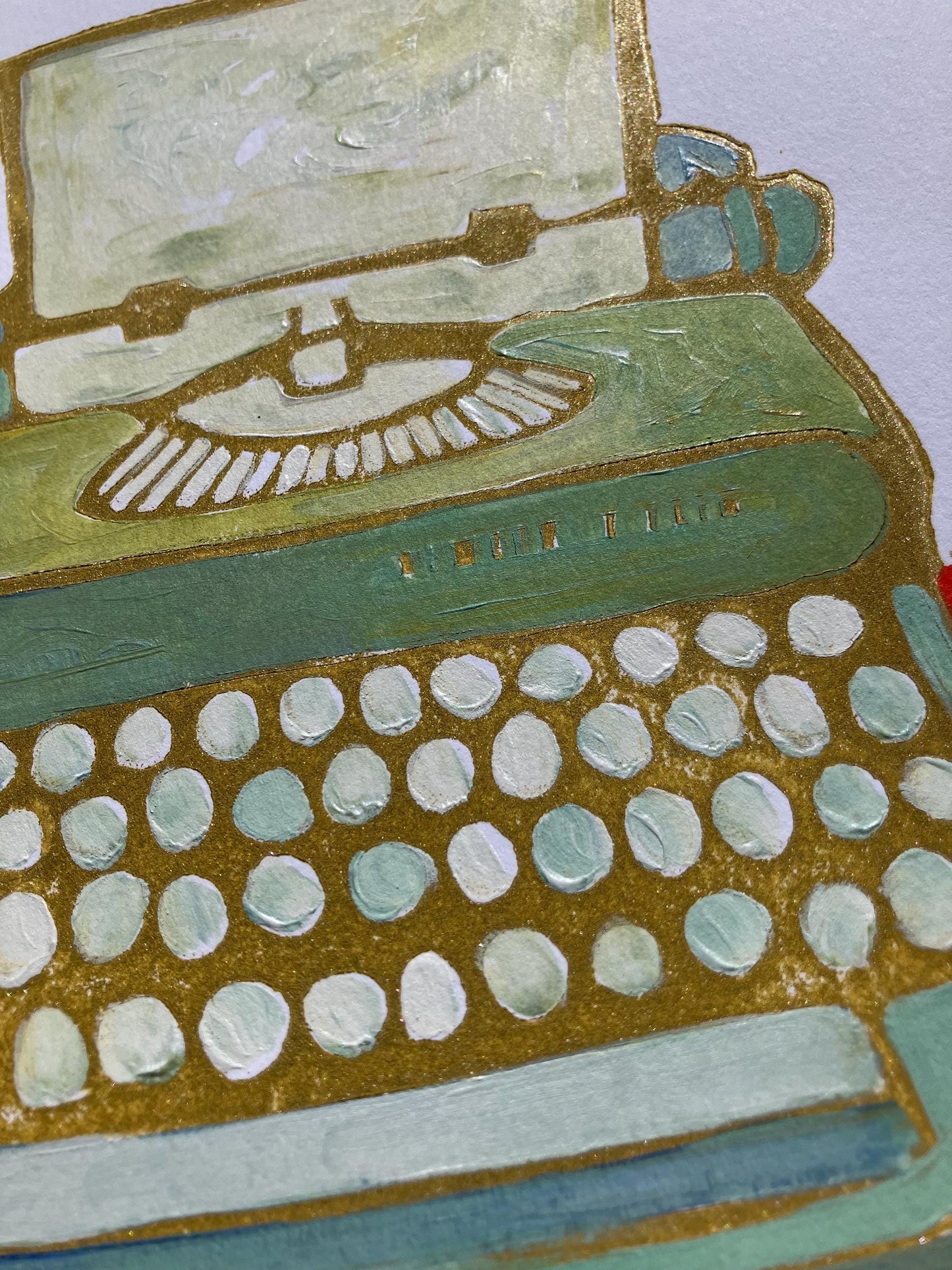 Typewriter #2 - Original acrylic linocut painting - Vintage olive green typewriter (8x10in)