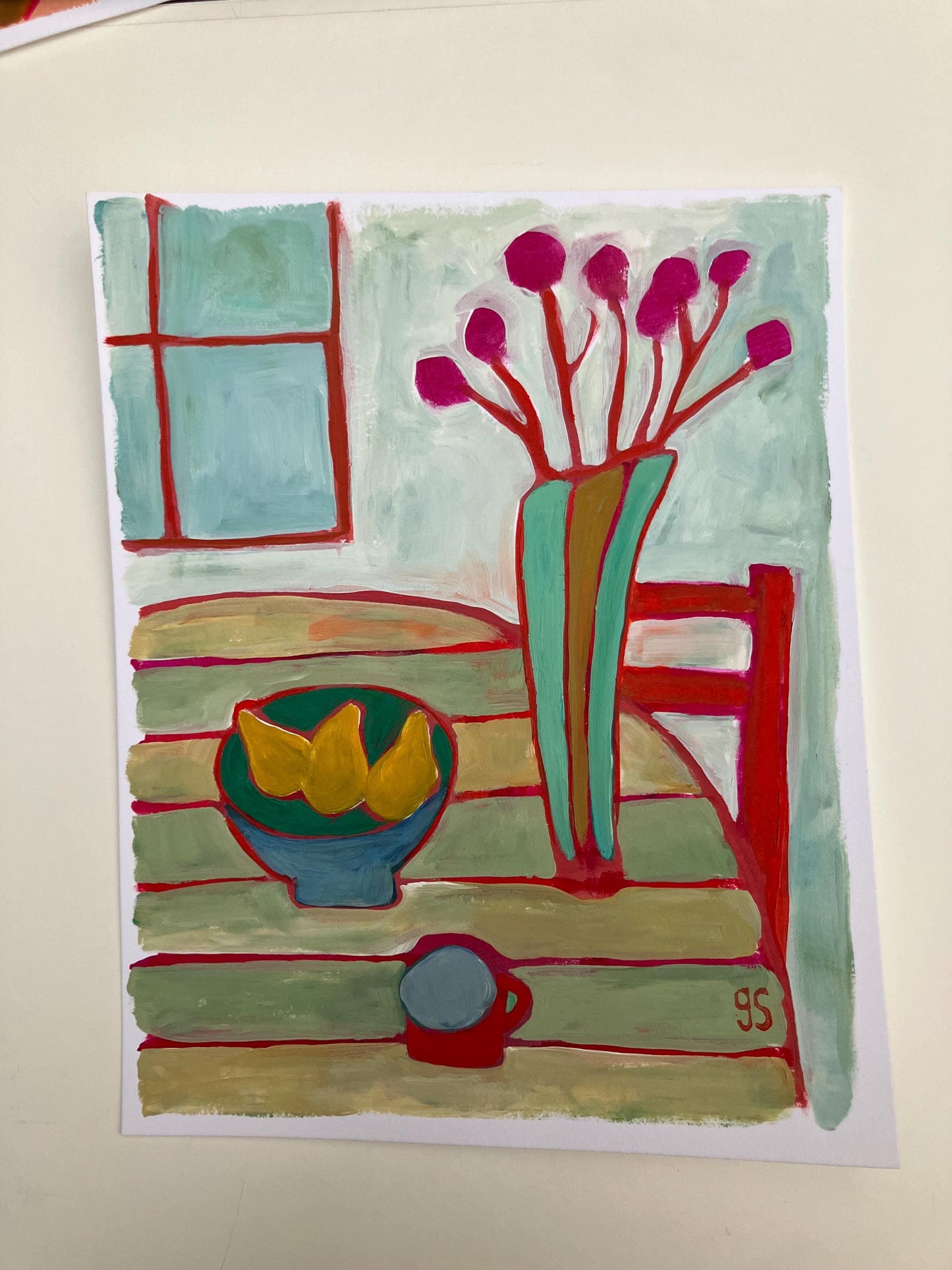 Flowers and bowl of pears still life - Original acrylic abstract painting (8x10in)