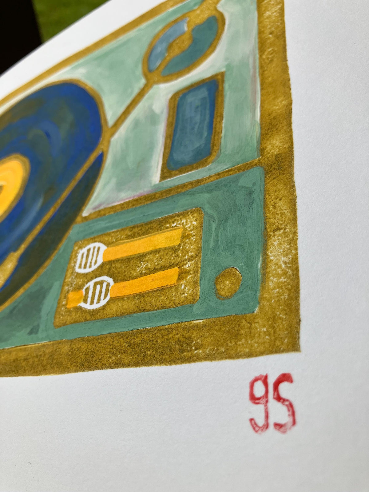 Vintage record player - Original acrylic painting (blue and gold) (8x10in)