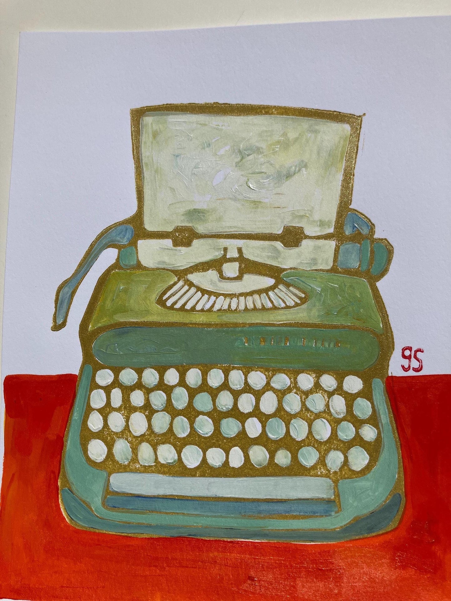 Typewriter #2 - Original acrylic linocut painting - Vintage olive green typewriter (8x10in)
