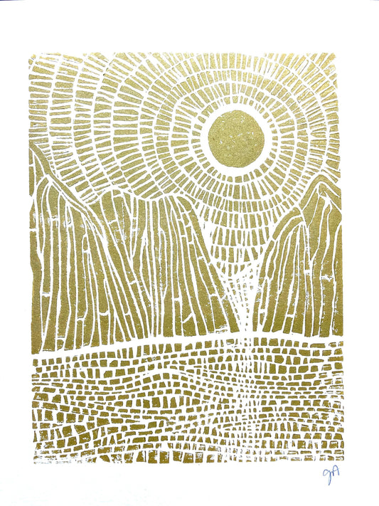 Sunset on the mountains - Linocut print (8x10in)
