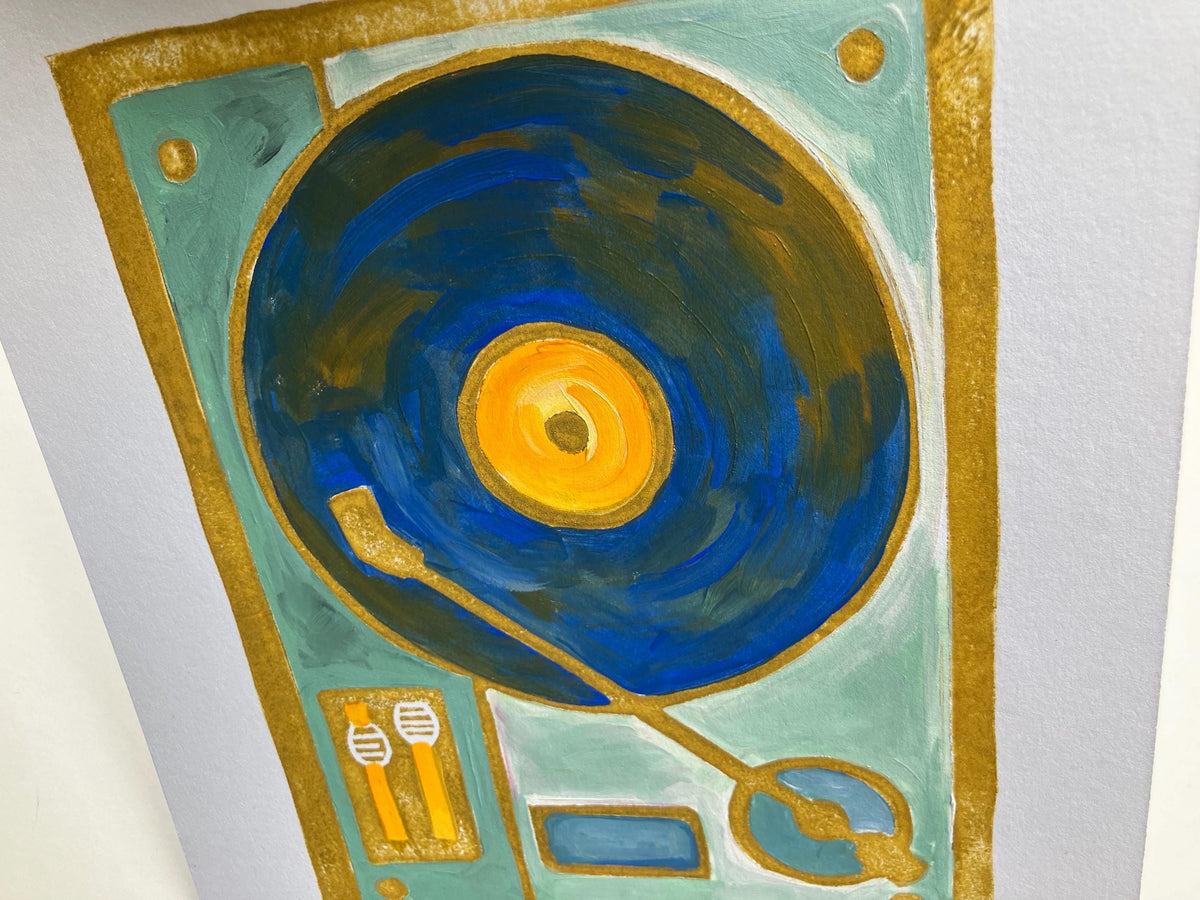 Vintage record player - Original acrylic painting (blue and gold) (8x10in)