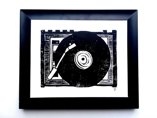 LINOCUT - Vintage record player - Hand-pressed linoleum block print (8x10in)