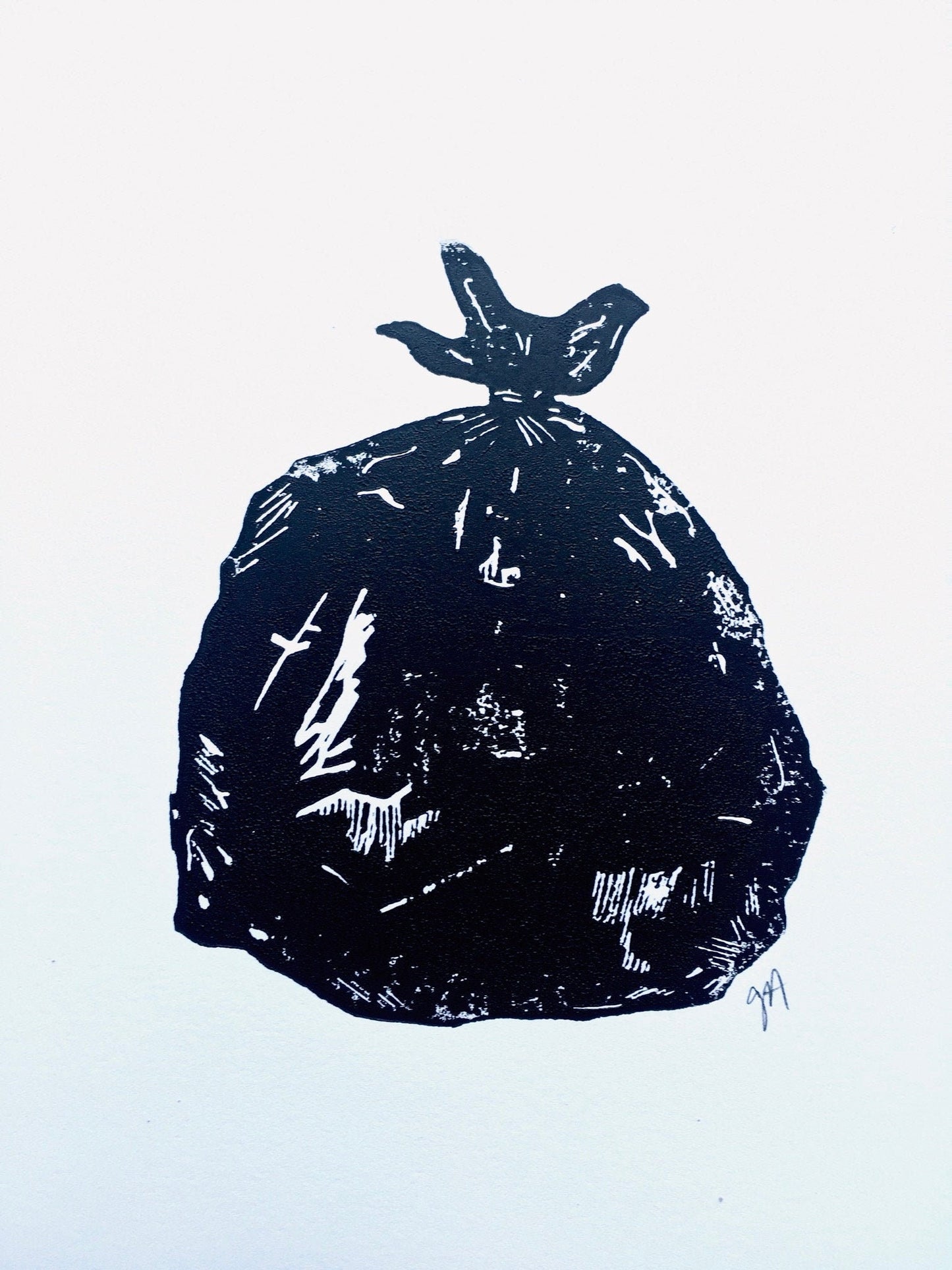 LINOCUT - Bag of trash - Hand-pressed linoleum block print (8x10in)