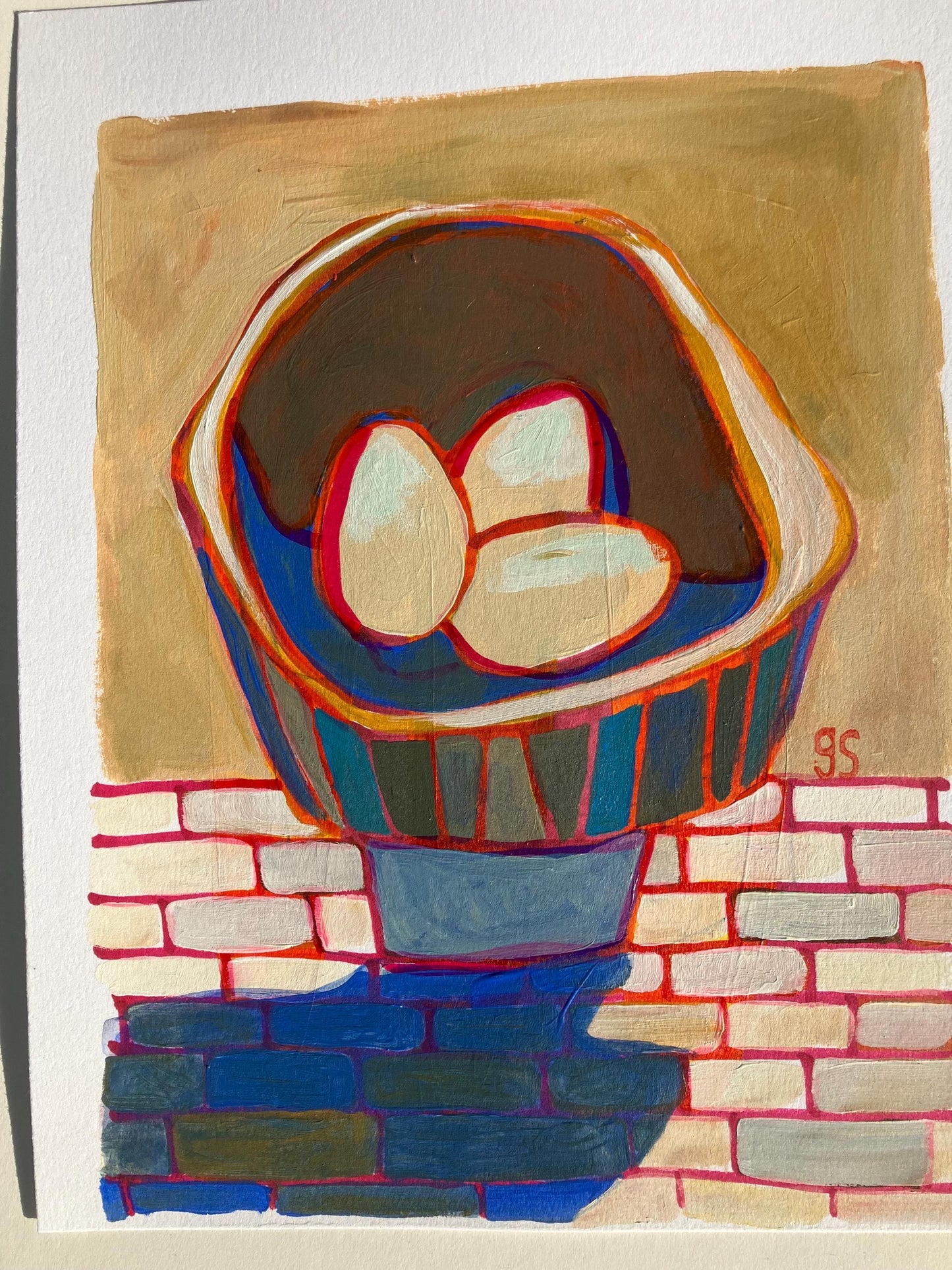 Mid-century bowl of three eggs - Original Acrylic painting (8x10in)