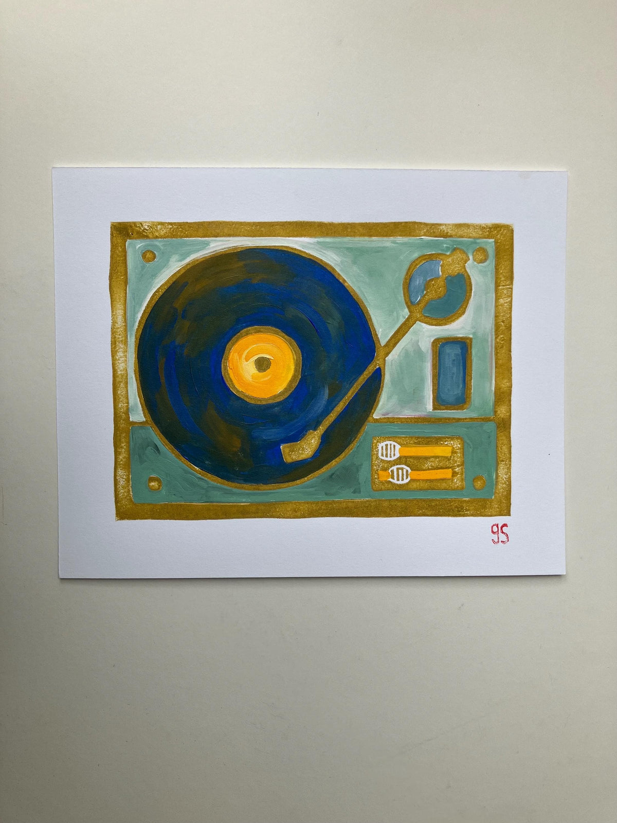 Vintage record player - Original acrylic painting (blue and gold) (8x10in)