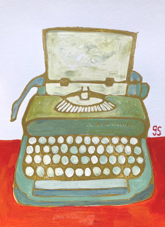 Typewriter #2 - Original acrylic linocut painting - Vintage olive green typewriter (8x10in)