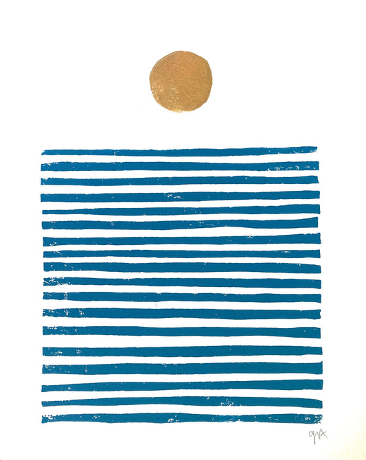 Abstract art piece with blue horizontal stripes and a gold circle on a white background