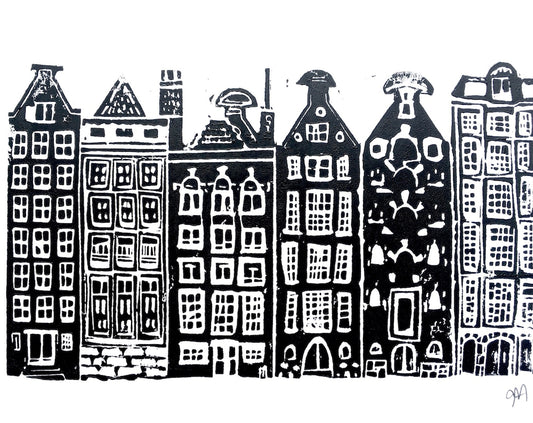 8x10 Europe wall art canal houses linocut print