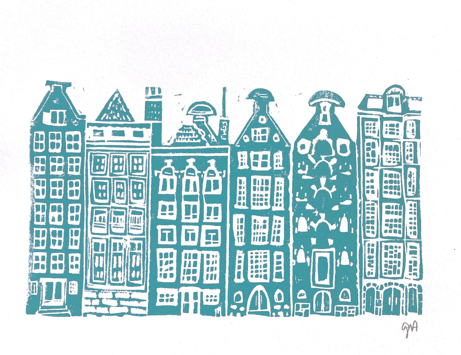 Illustration of teal Canal houses in Amsterdam on a white background