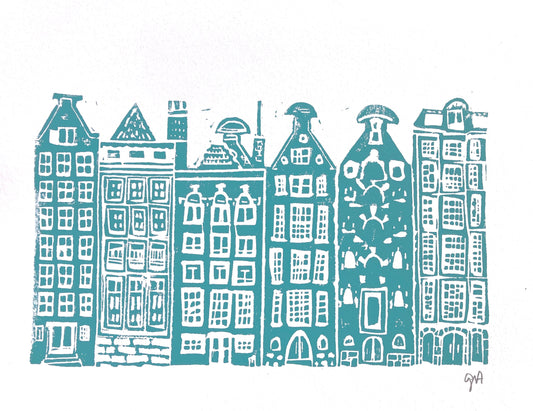 Illustration of teal Canal houses in Amsterdam on a white background