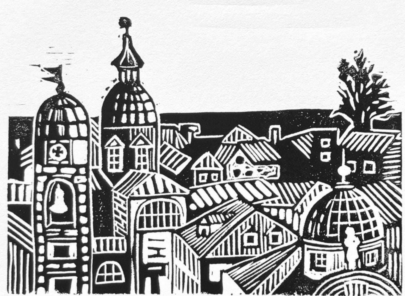 Black and white linocut print of Dubrovnik Croatia with ancient architecture