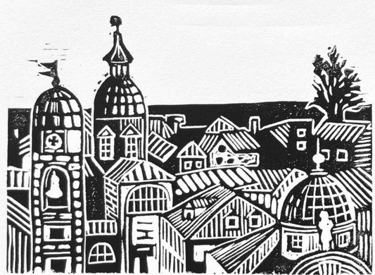 Black and white linocut print of Dubrovnik Croatia with ancient architecture