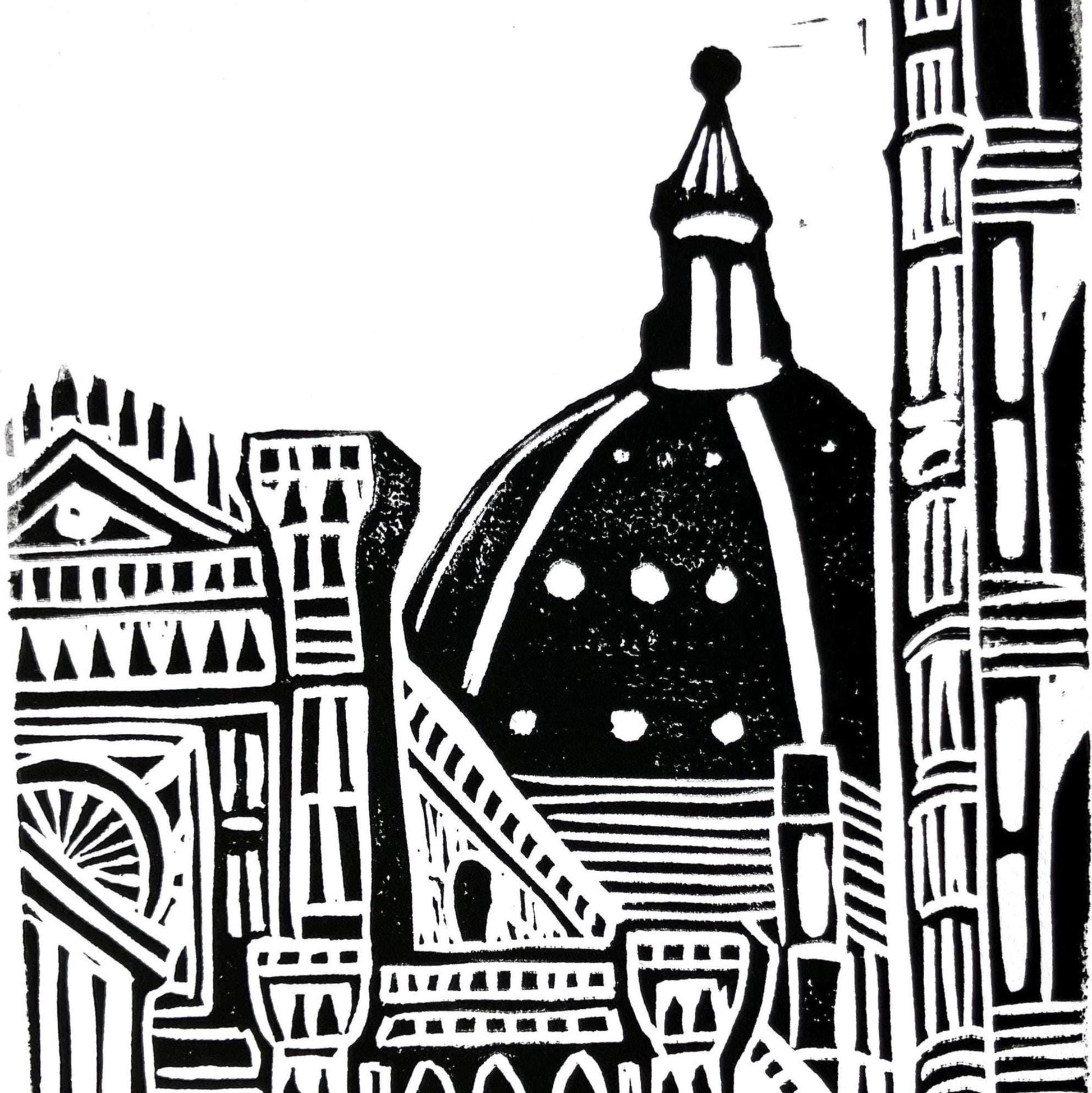 Black and white linocut print of Florence Italy Duomo