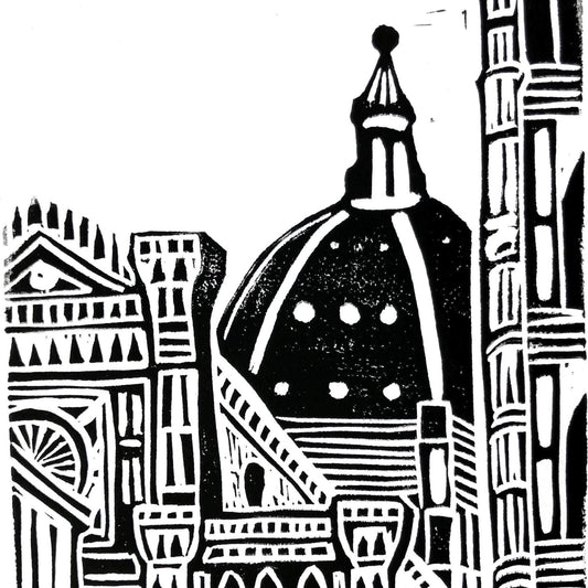 Black and white linocut print of Florence Italy Duomo
