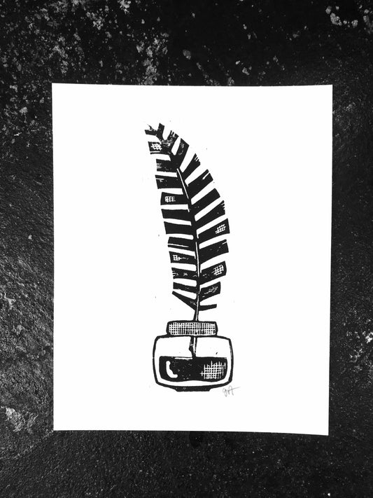 Black and white illustration of a feather quill pen on a white background