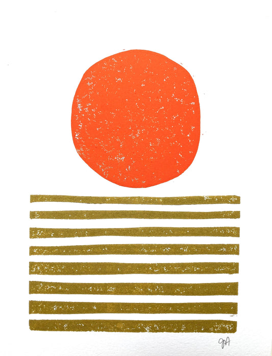 Orange circular sun and gold horizontal lines on a white background