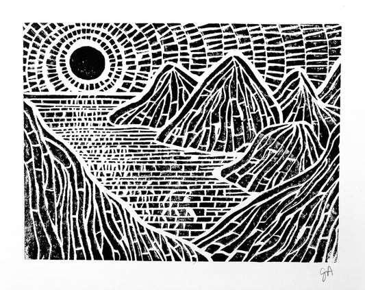 Islands landscape Linocut print in black