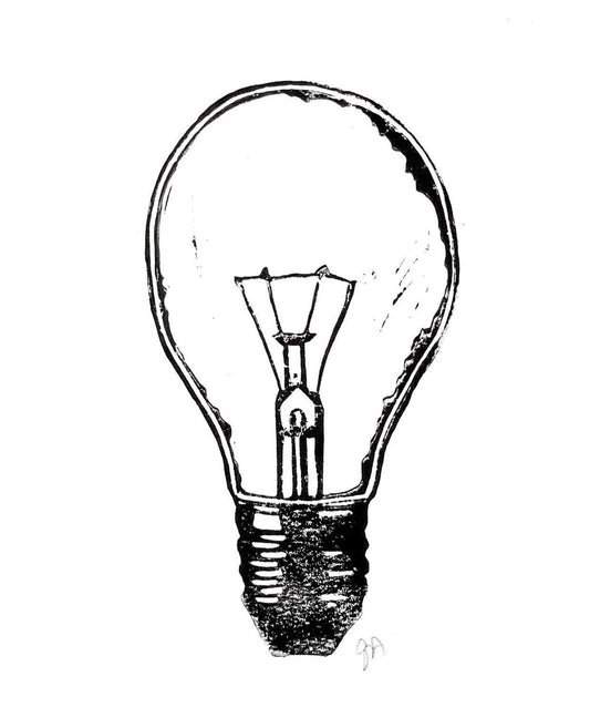 Black and white illustration of a light bulb on a white background