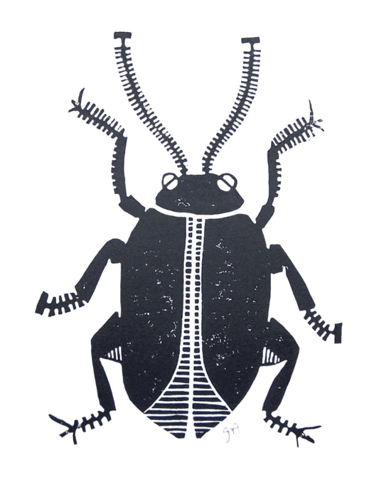 Black linoleum block print of a stylized insect 8x10in. Minimal linocut poster. 
