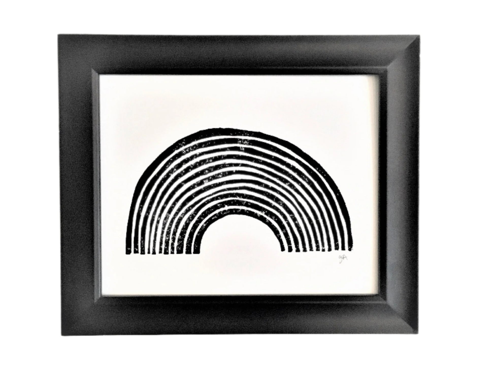 Framed black and white linocut print