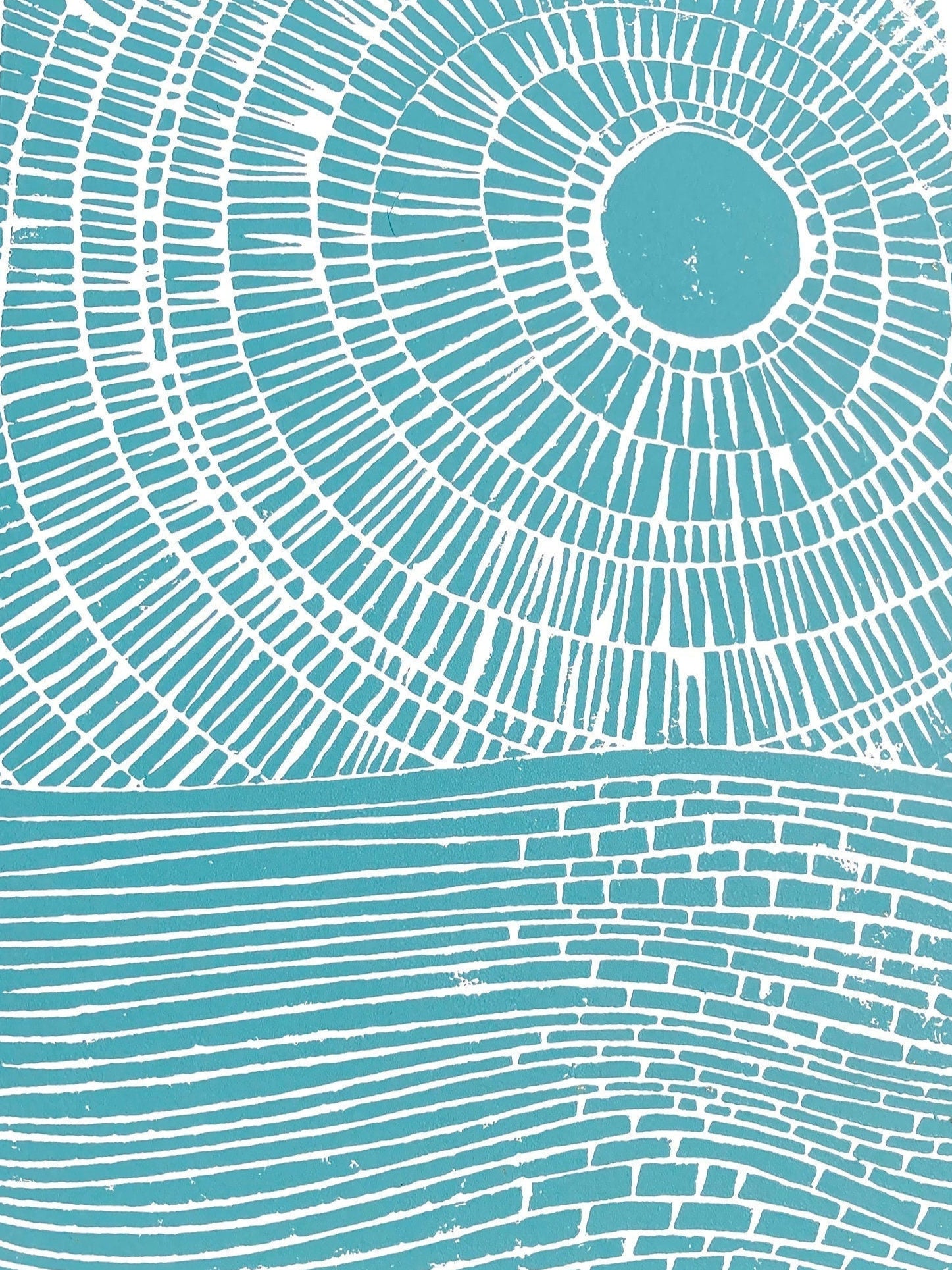 Teal abstract ocean linocut print 