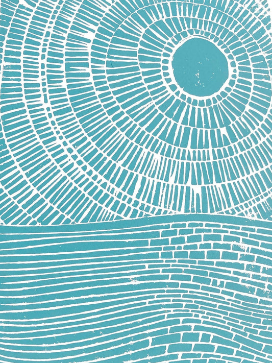 Teal abstract ocean linocut print 
