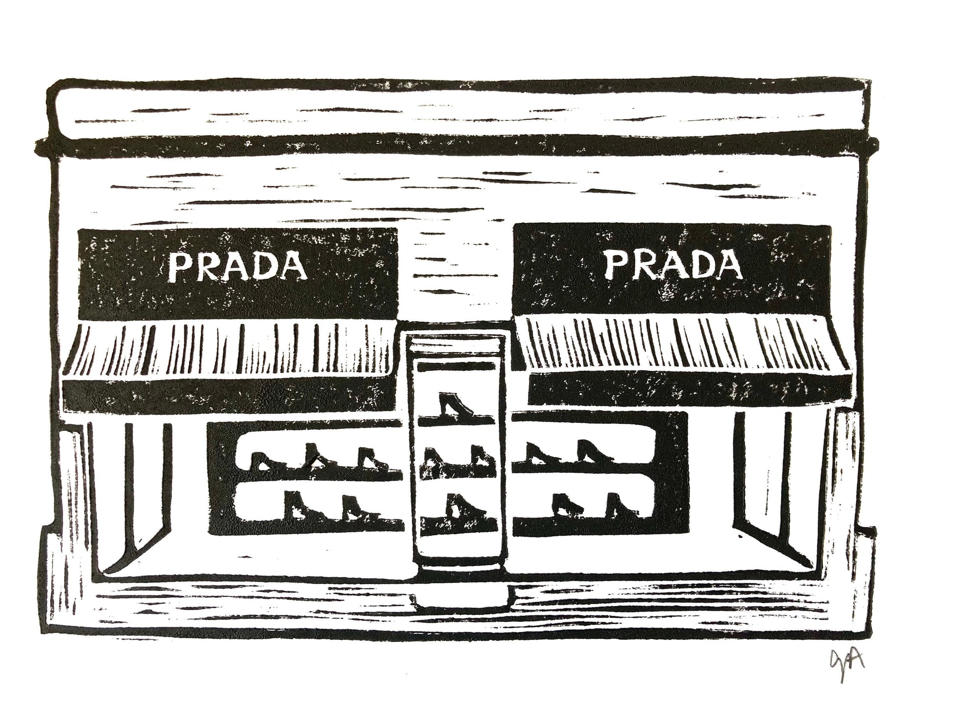 Black and white illustration of a Prada store front in Marfa TEXAS