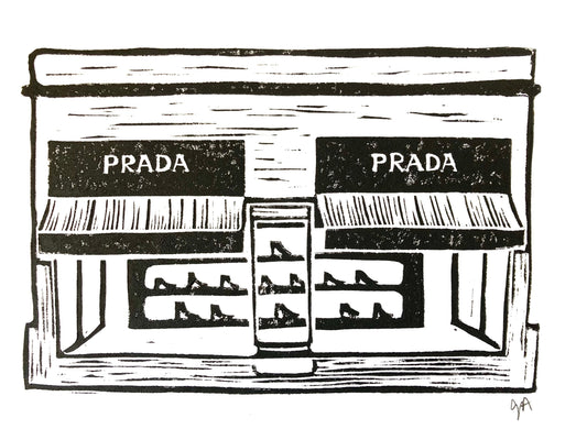 Black and white illustration of a Prada store front in Marfa TEXAS