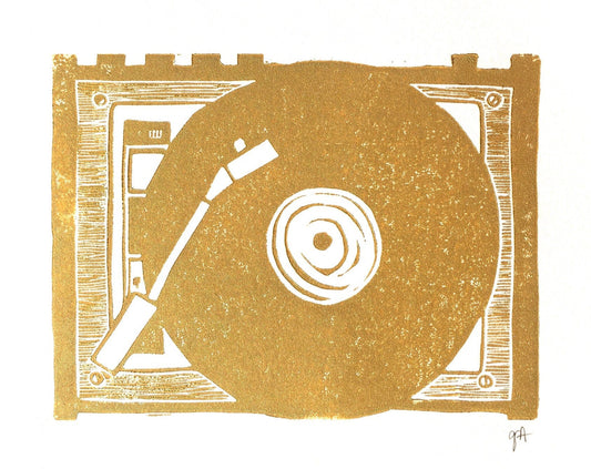 Illustration of a record player and vinyl record on a white background