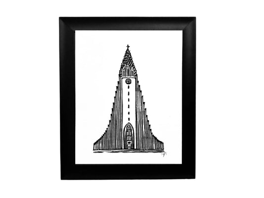 Framed black and white poster of a cathedral in Iceland 