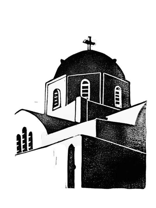 Black and white poster of a Greek Orthodox church with a dome