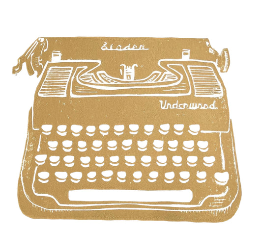 Linoleum block print of a vintage typewriter in mustard yellow with 'Underwood' branding on a white background. Open edition linocut print.